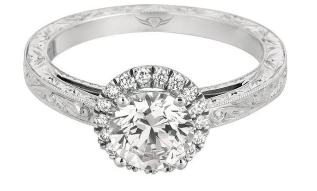 Martin Flyer Round Halo Engagement Ring with Engraved Band